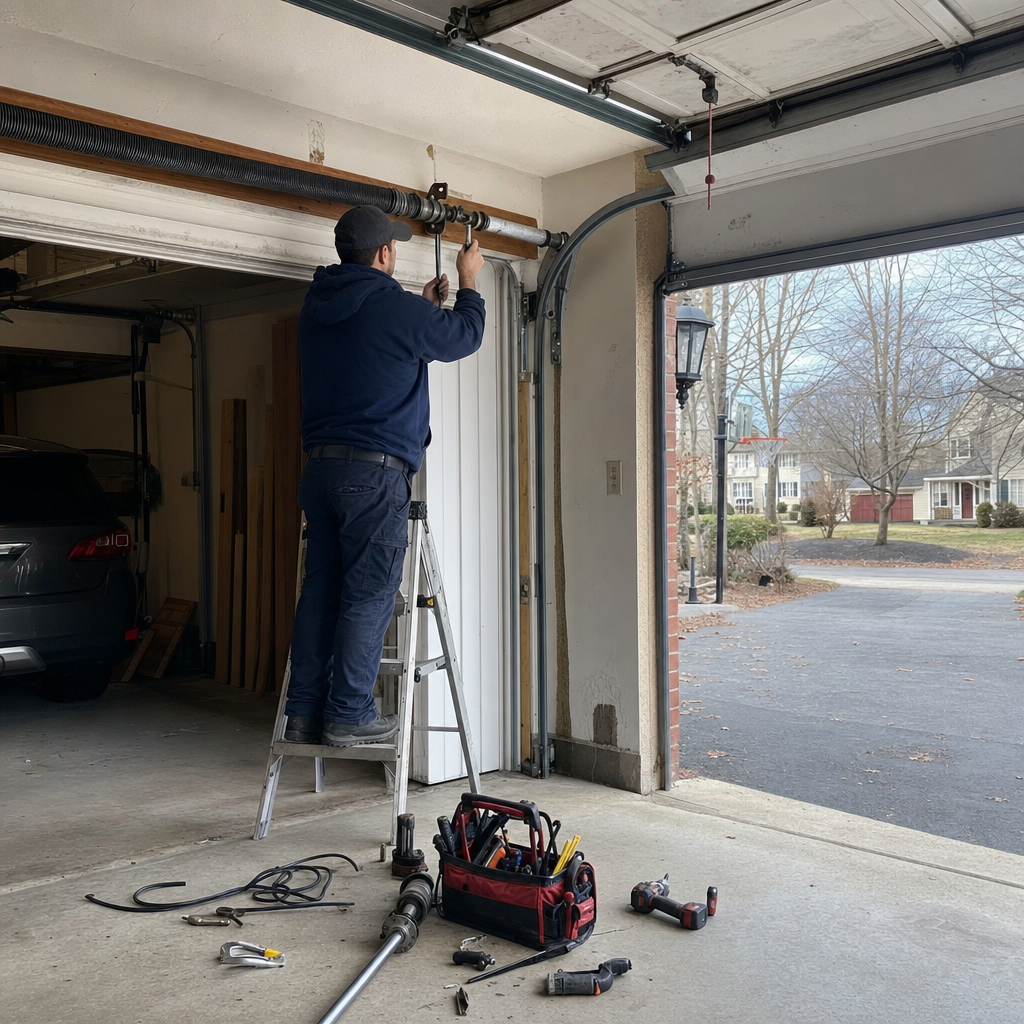 Technician performing emergency garage door repair on a torsion spring