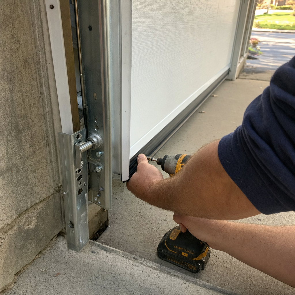 Technician installing a garage door weather seal with a power drill