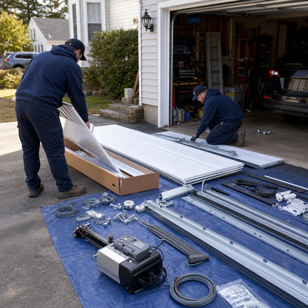 Two professional technicians installing a new residential garage door on a driveway