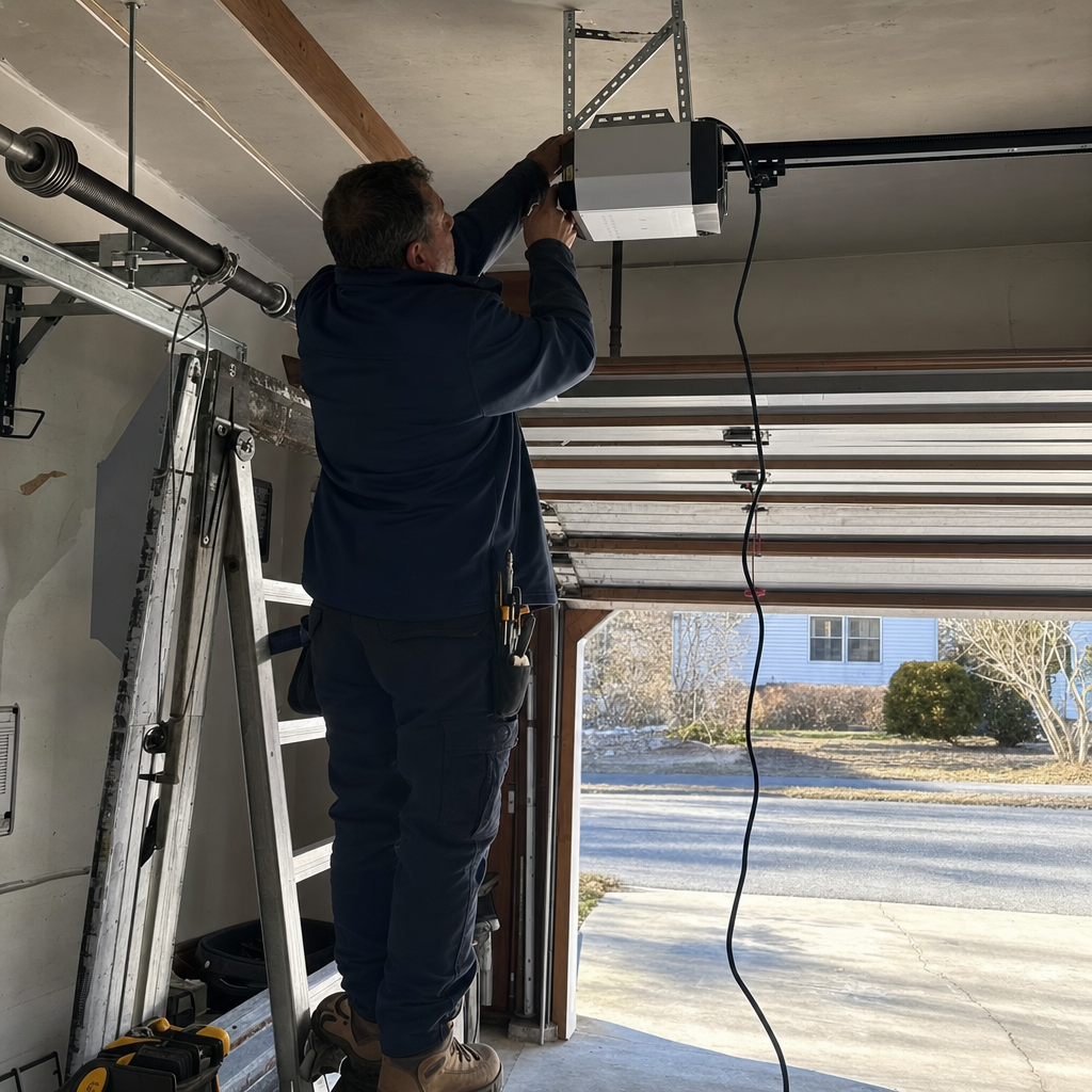Technician installing a garage door opener on a ceiling mount