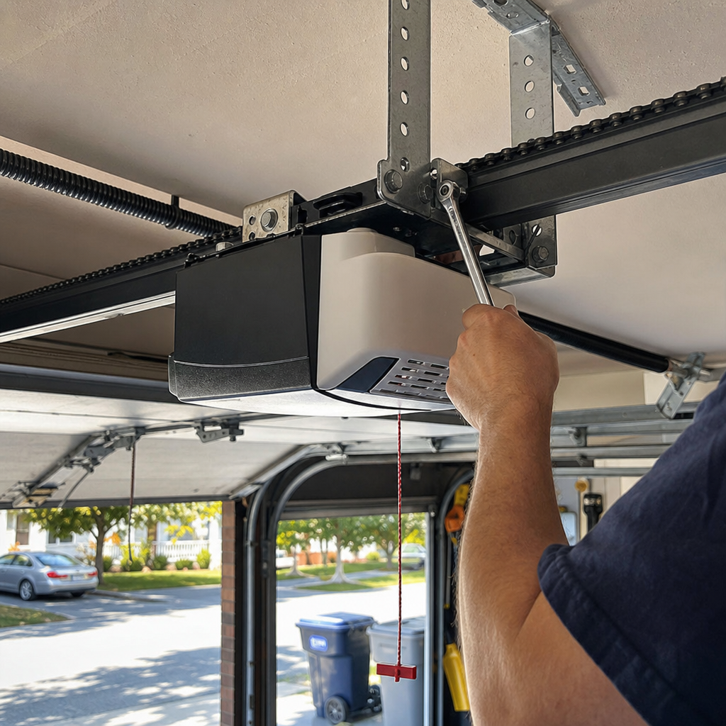 Technician performing maintenance on a garage door opener motor