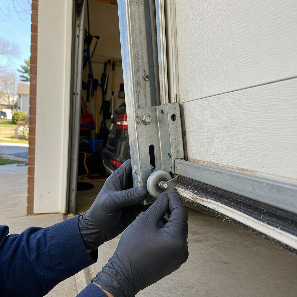 Technician repairing garage door roller and hinge assembly
