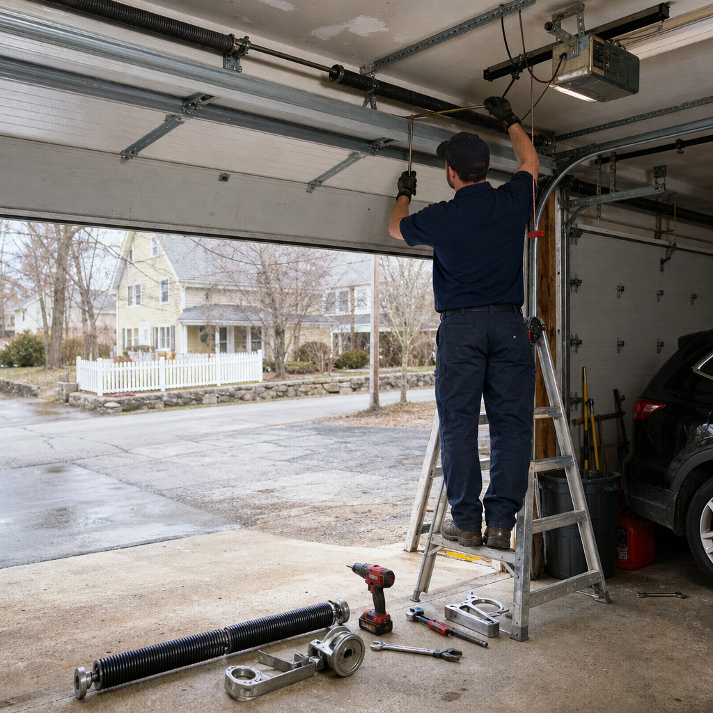 Technician performing professional garage door spring maintenance and part replacement