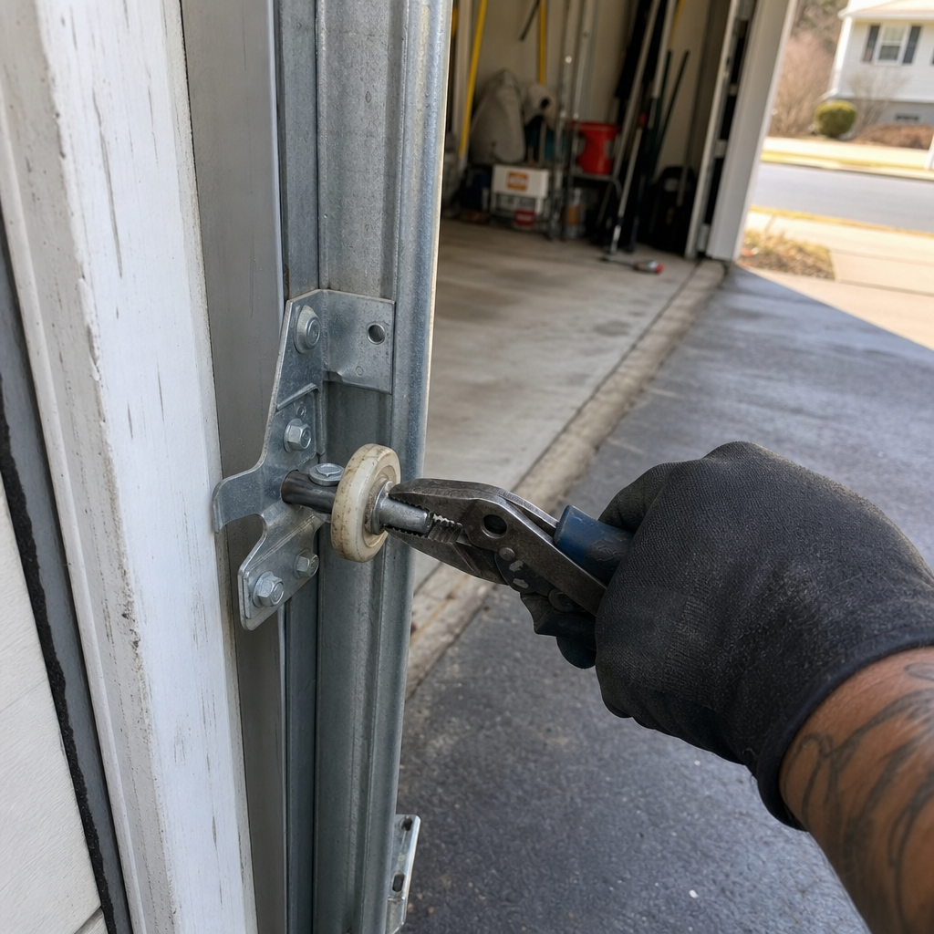 Hand repairing a worn garage door roller with pliers