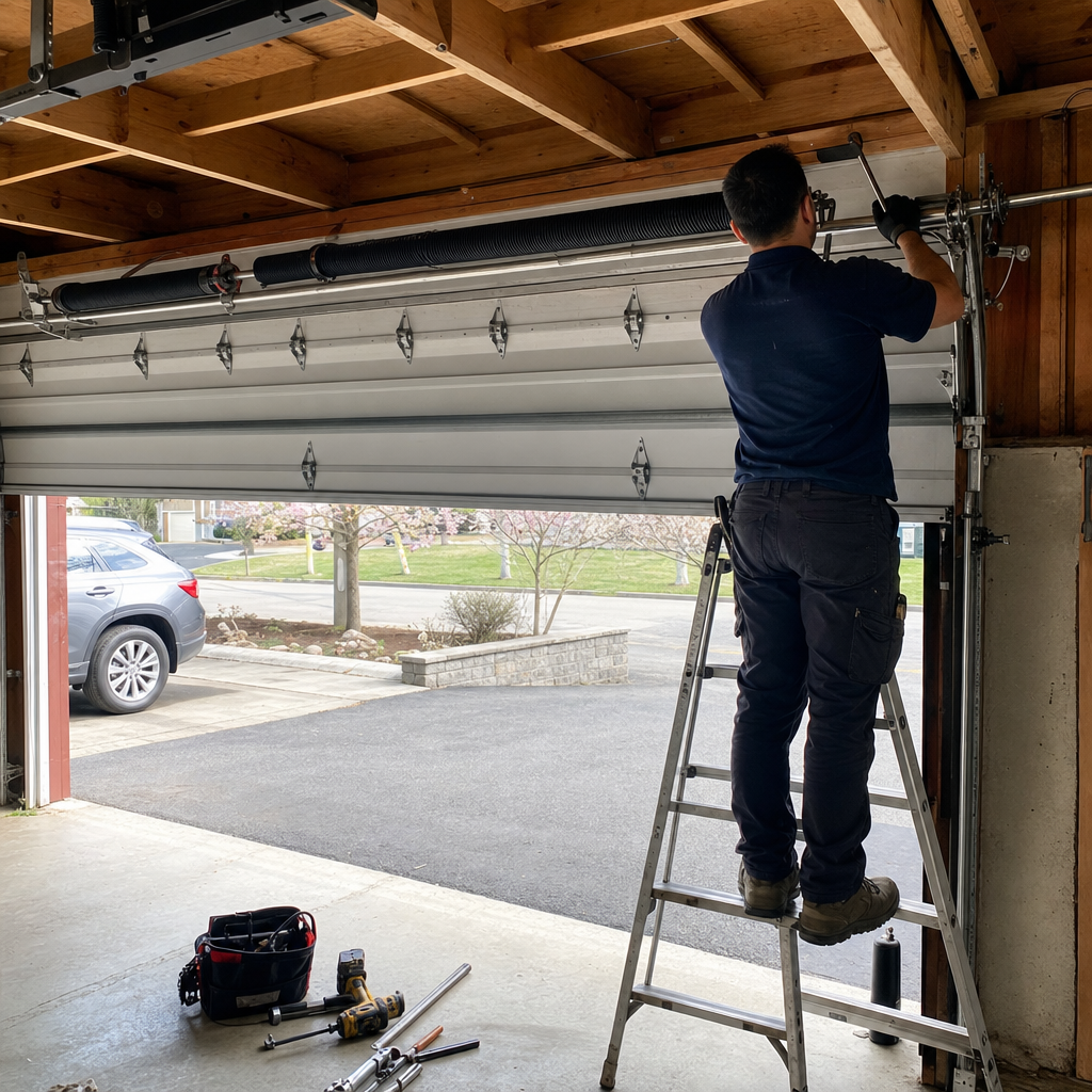 Technician performing professional garage door spring repair and maintenance