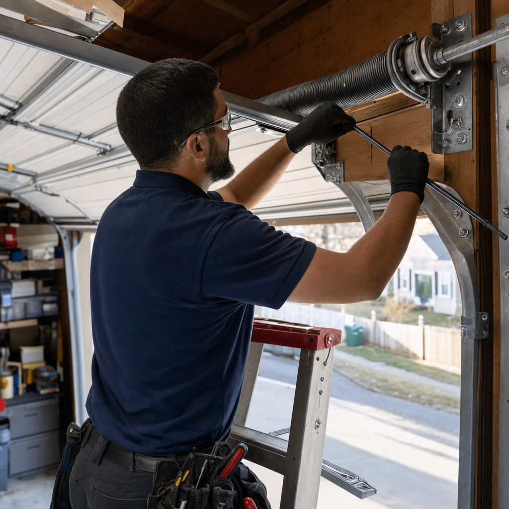 Technician performing professional garage door spring repair and maintenance in Lowell, MA