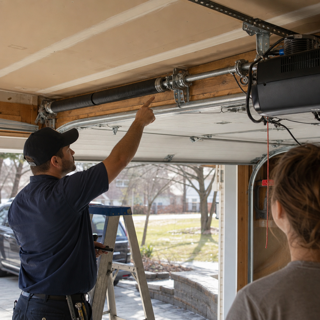 Technician explains garage door spring repair to a homeowner in Lowell, MA