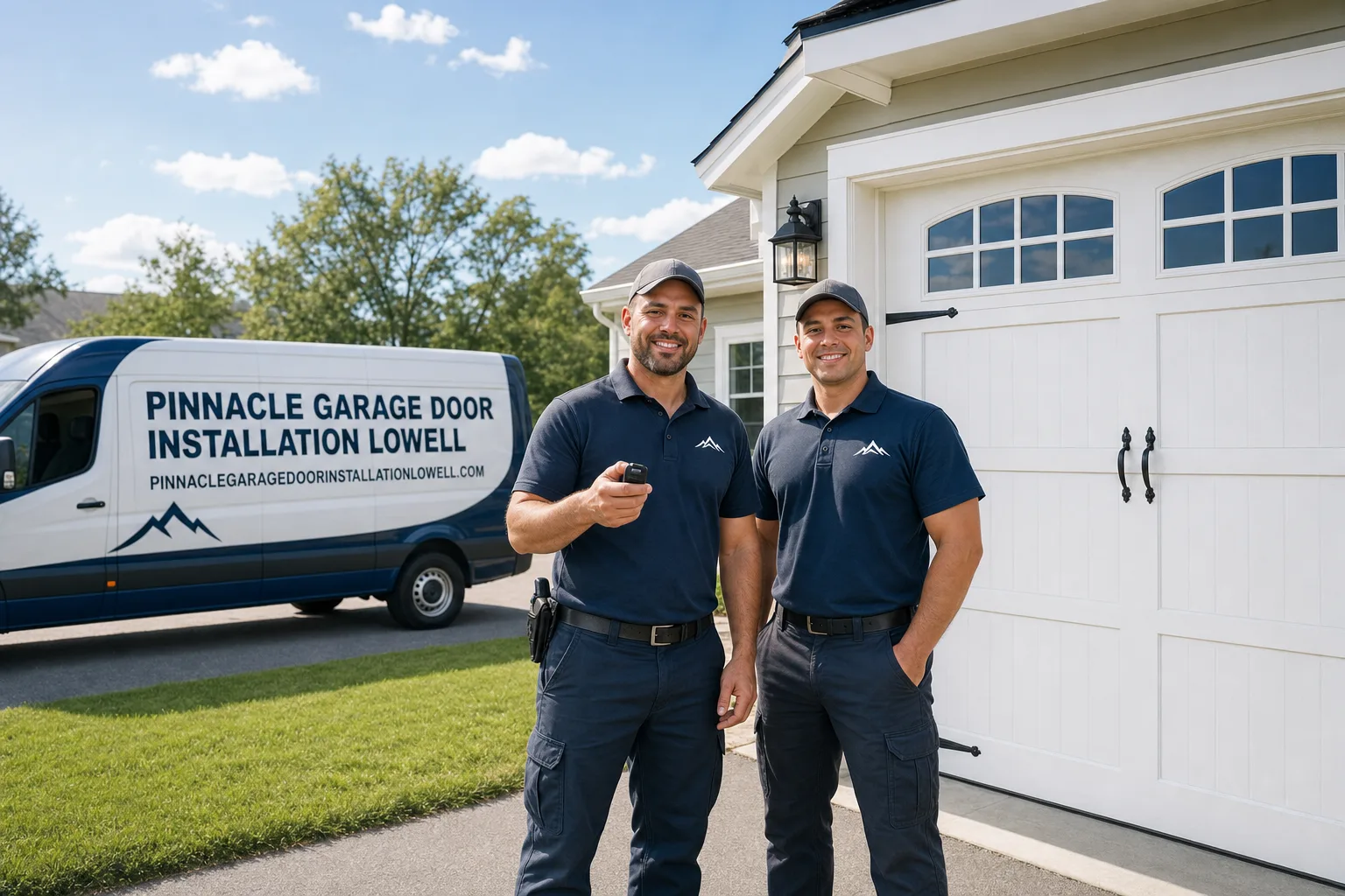 Pinnacle Garage Door Installation Lowell service vehicle and crew in Lowell, MA